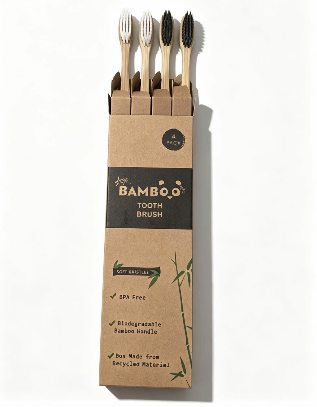 Bamboo Toothbrush Set (4-Pack) - Ultra Soft Charcoal Bristles, Eco-Friendly Minimalist Design